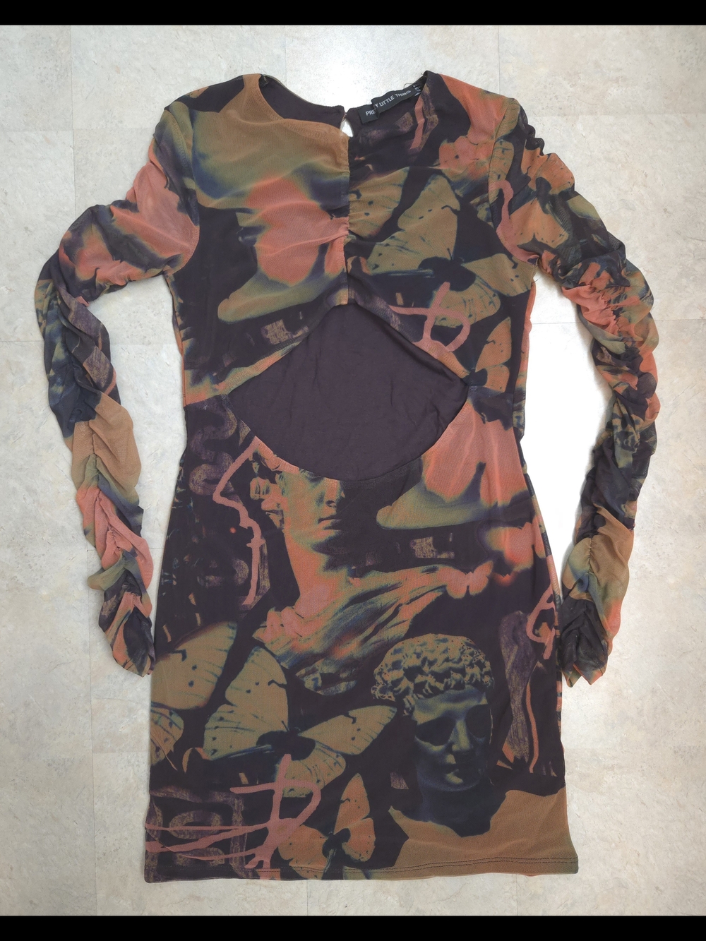 PrettyLittleThing Renaissance Print Multicolor Ruched Cutout Bodycon Dress Size4